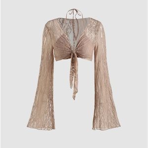 CIDER Brand Lace Knotted Bell Sleeve Crop Top